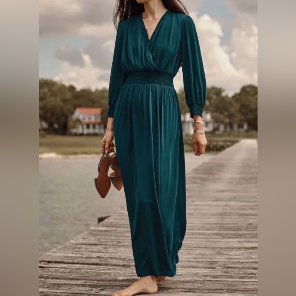 J. Jill Deep Teal Long Sleeve Silky Smocked Size XL Dress